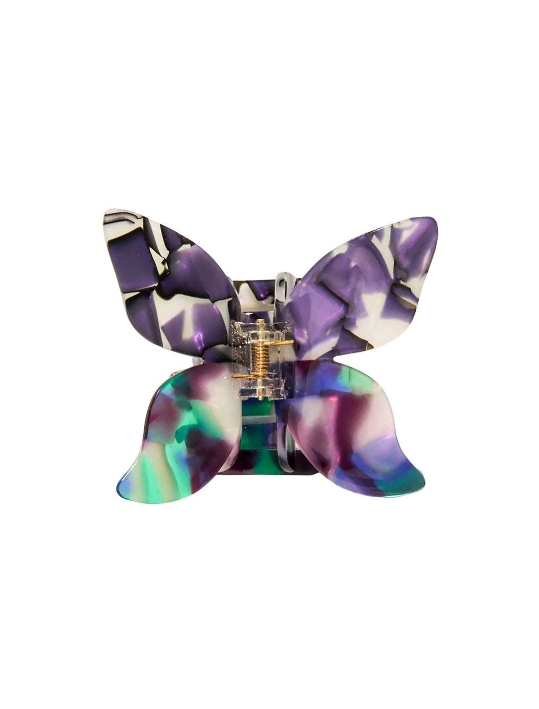 this hair claw has a butterfly shape. when clipped in hair, it looks like a butterfly is resting on your hair. perfect for casual style or semi-formal updo. this hair claw features deep purple tones with some blue and green tones.
