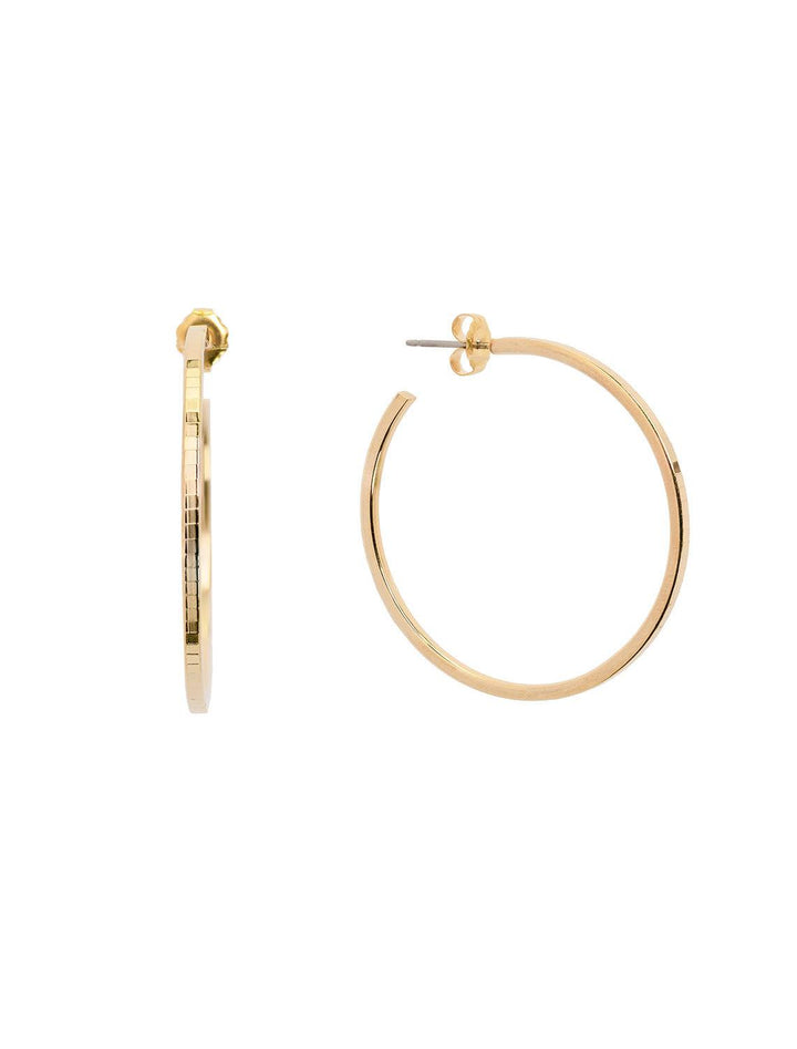 front and angled view of disco ball hoops in gold