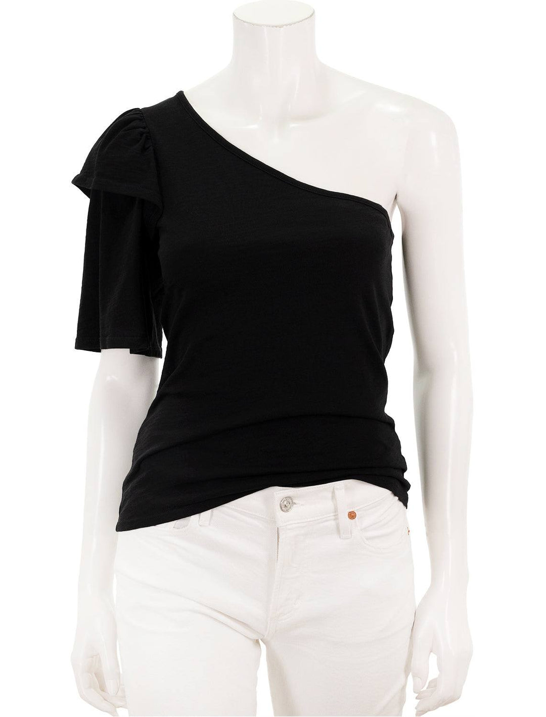 front view of lida one shoulder party tee in black