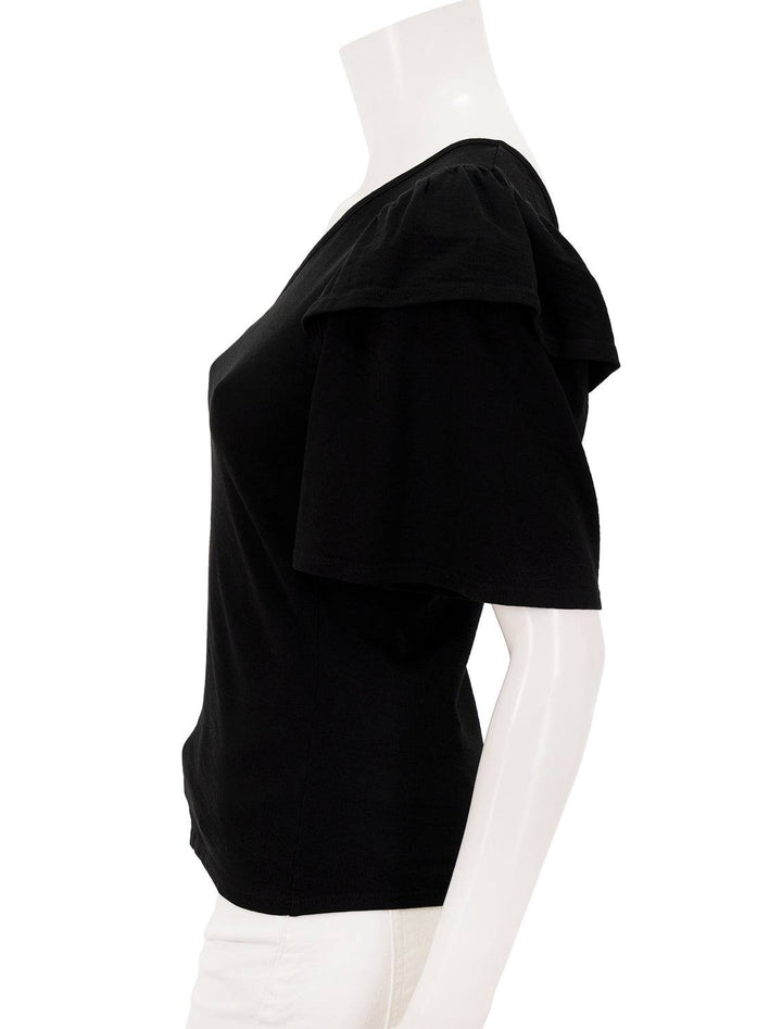 side view of lida one shoulder party tee in black