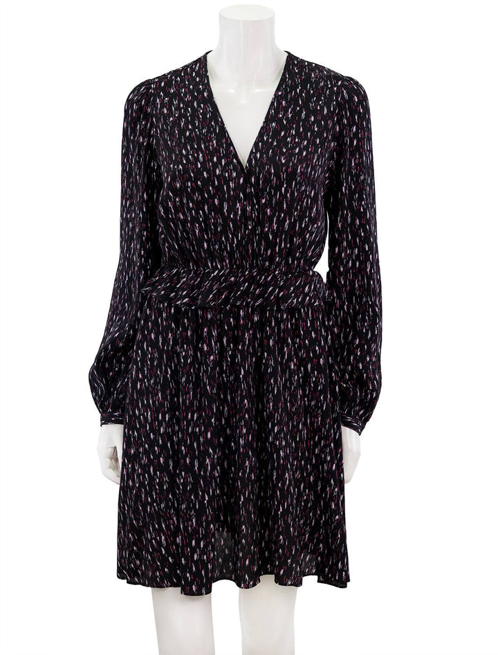 Front view of Scotch & Soda's Wrapped Short Dress in Ikat Raisin Print.
