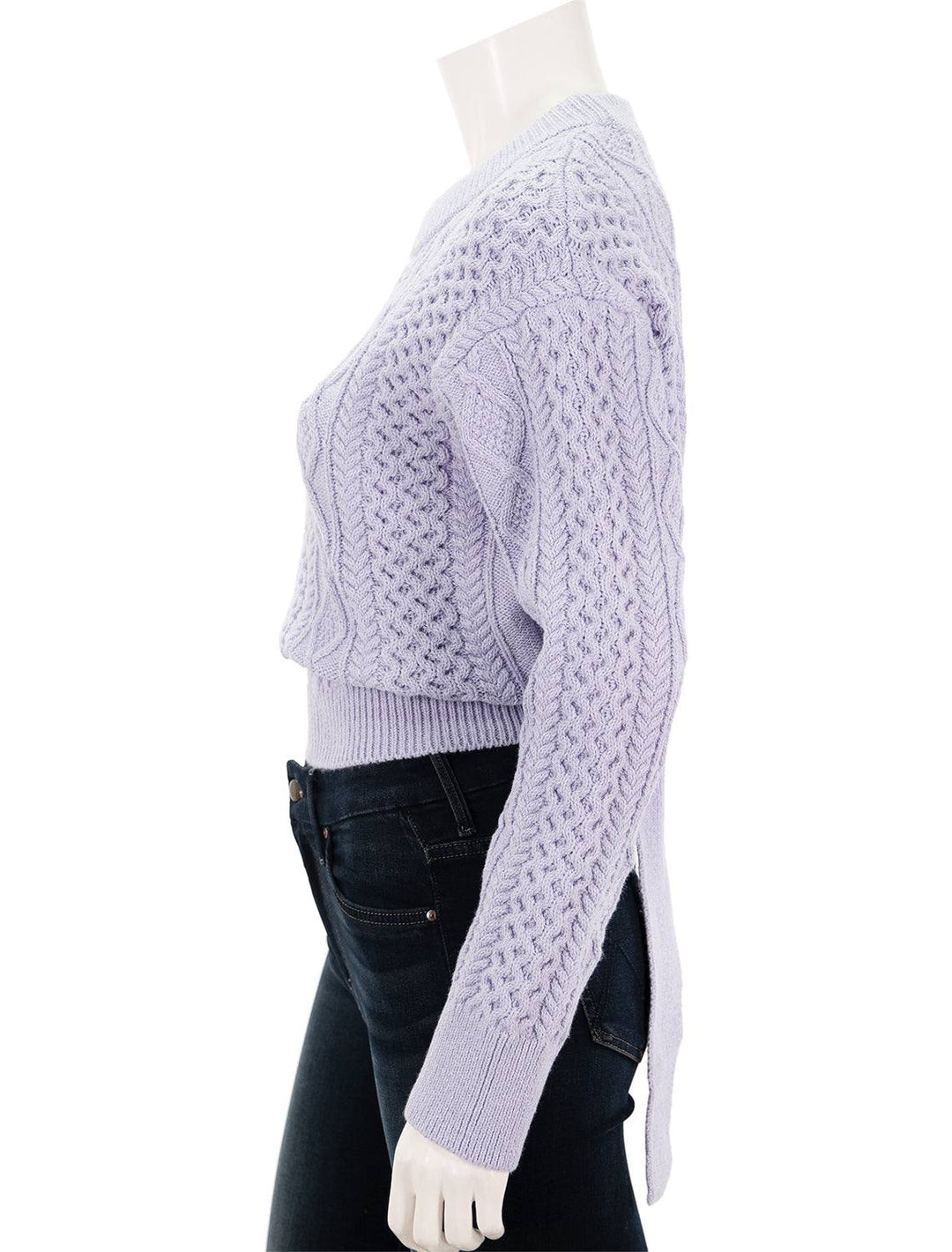 Side view of Rails' amy sweater in lavender.