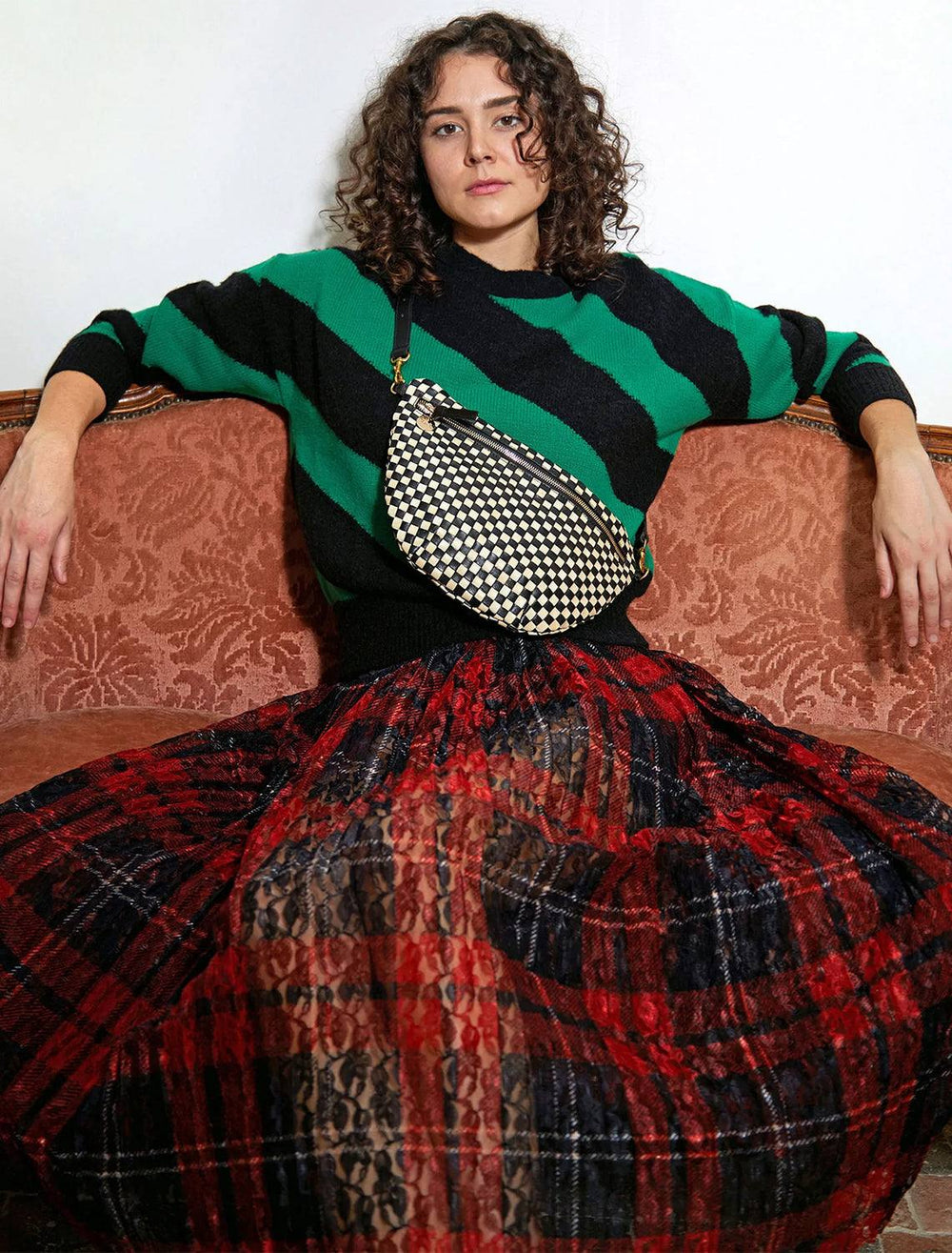 model wearing grand fanny in black and cream woven checker