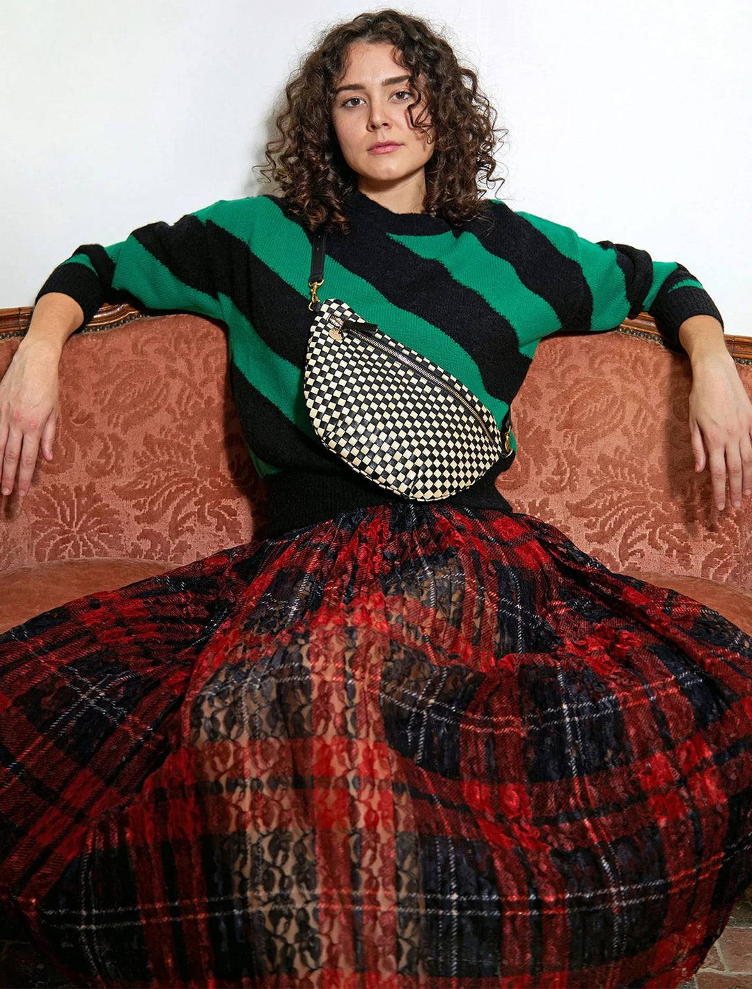 model wearing grand fanny in black and cream woven checker