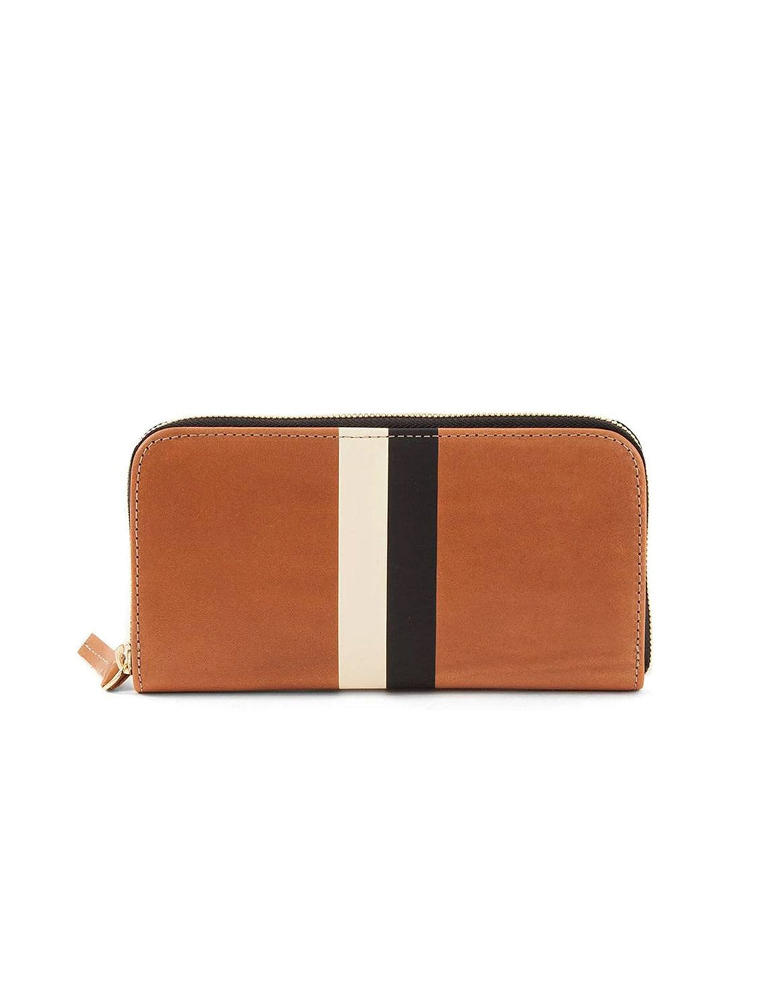 Front view of Clare V.'s zip wallet in vachetta and black and cream stripe.