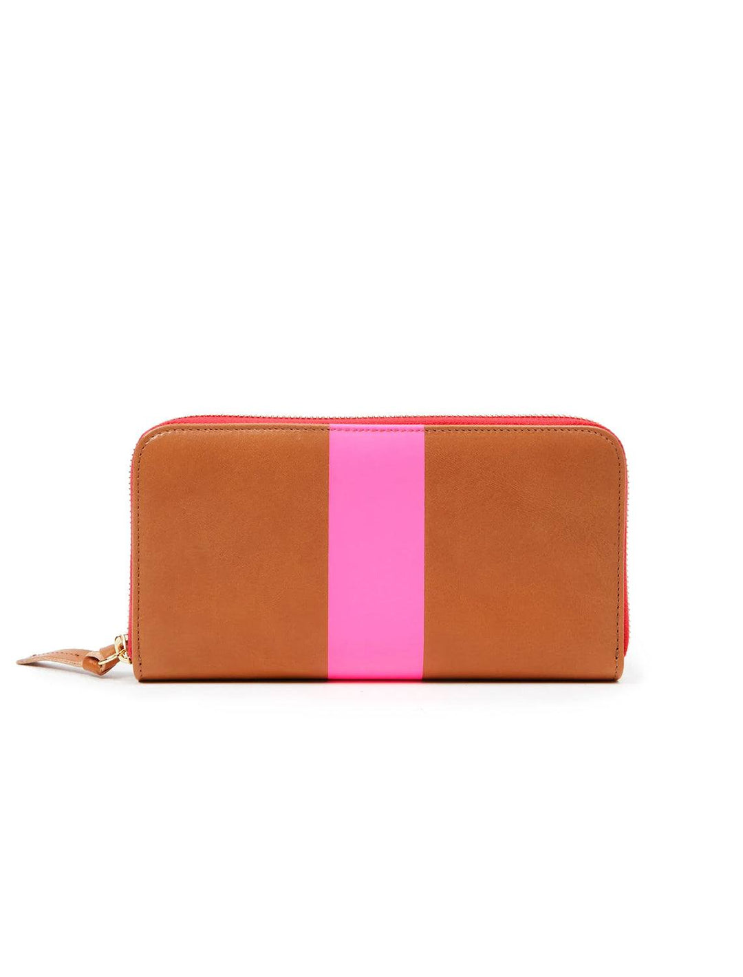 Front view of Clare V.'s zip wallet in natural with neon pink stripe.