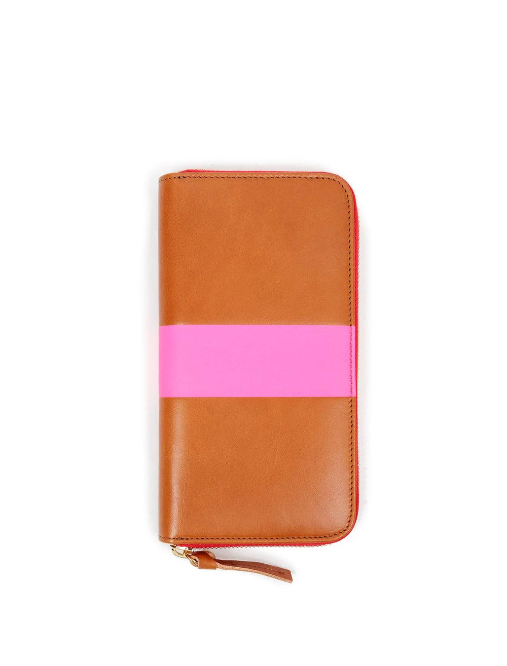 Overhead view of Clare V.'s zip wallet in natural with neon pink stripe.