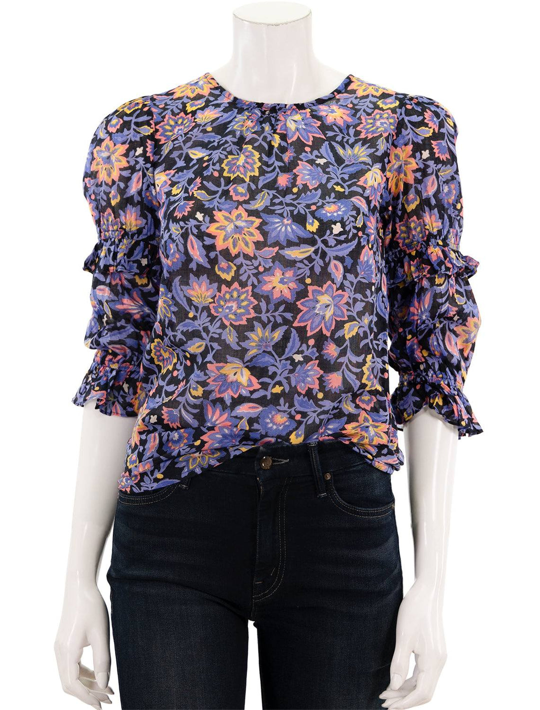 Front view of Banjanan's chloe top in black floral.