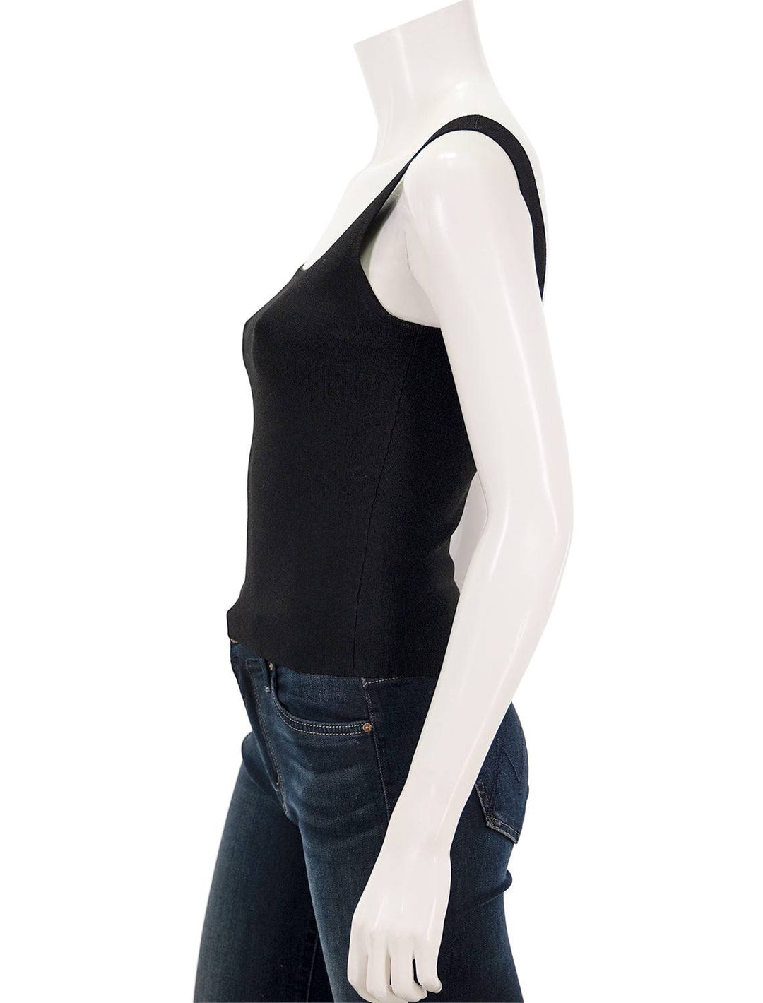 Side view of Vince's square neck sweater tank in black.