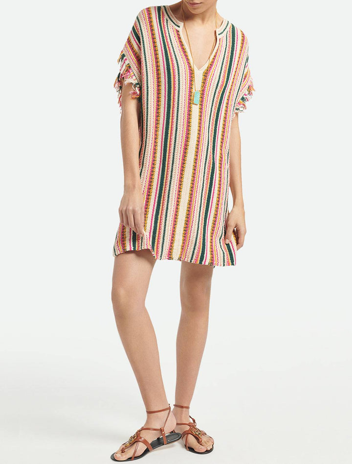 Model wearing Vanessa Bruno's antea dress in multi stripe.
