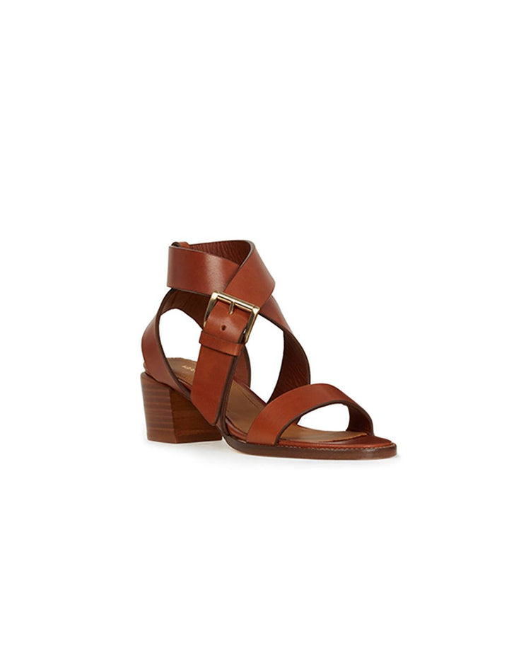 Front angle view of Vanessa Bruno's wrap sandals in cognac | 45mm heel.