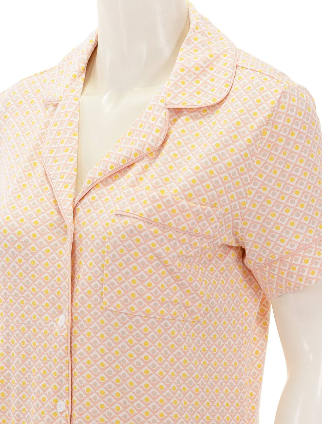 Close-up view of Eberjey's gisele relaxed short pj set in geo tile rose.