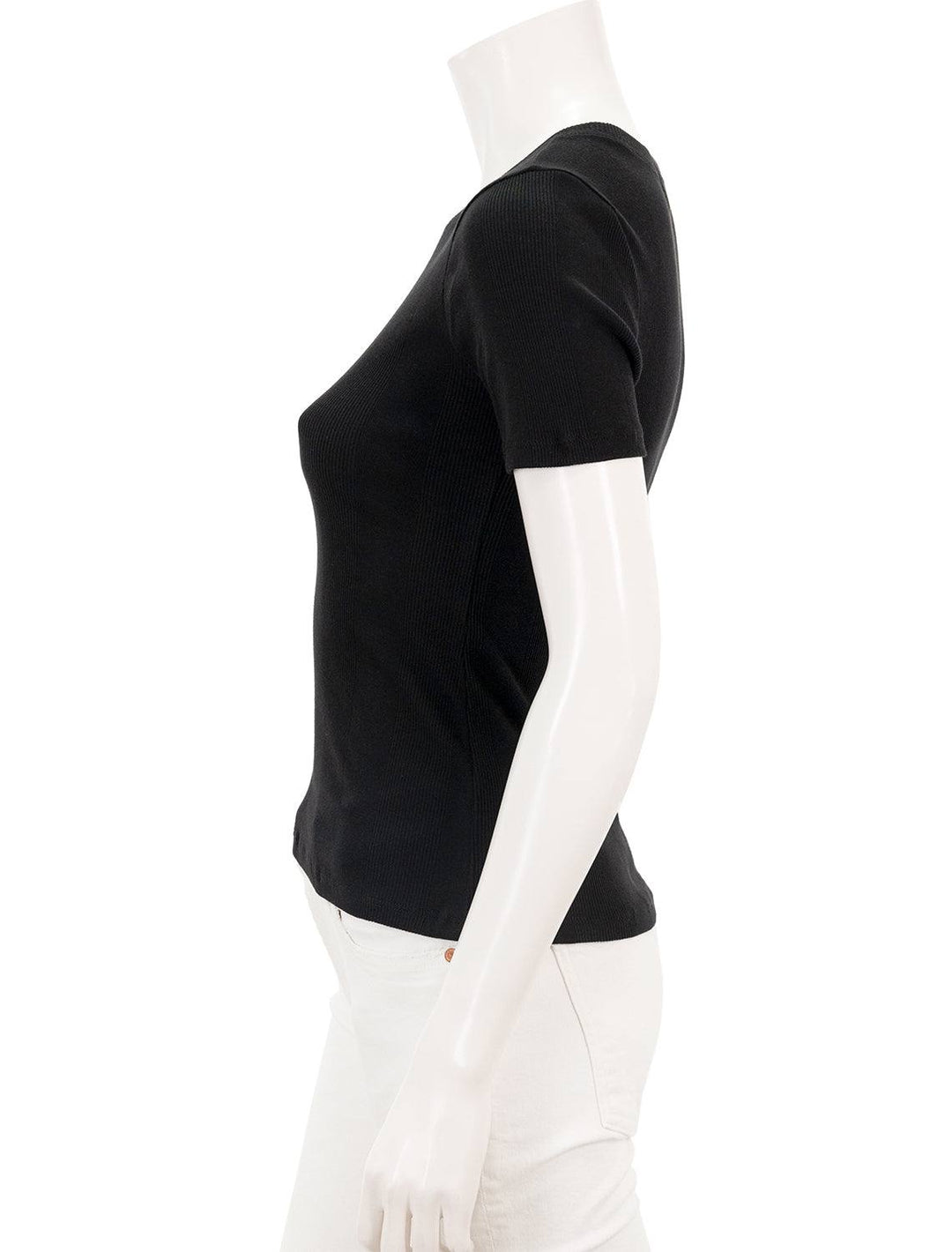 Side view of Goldie Lewinter's cotton rib tee in black.