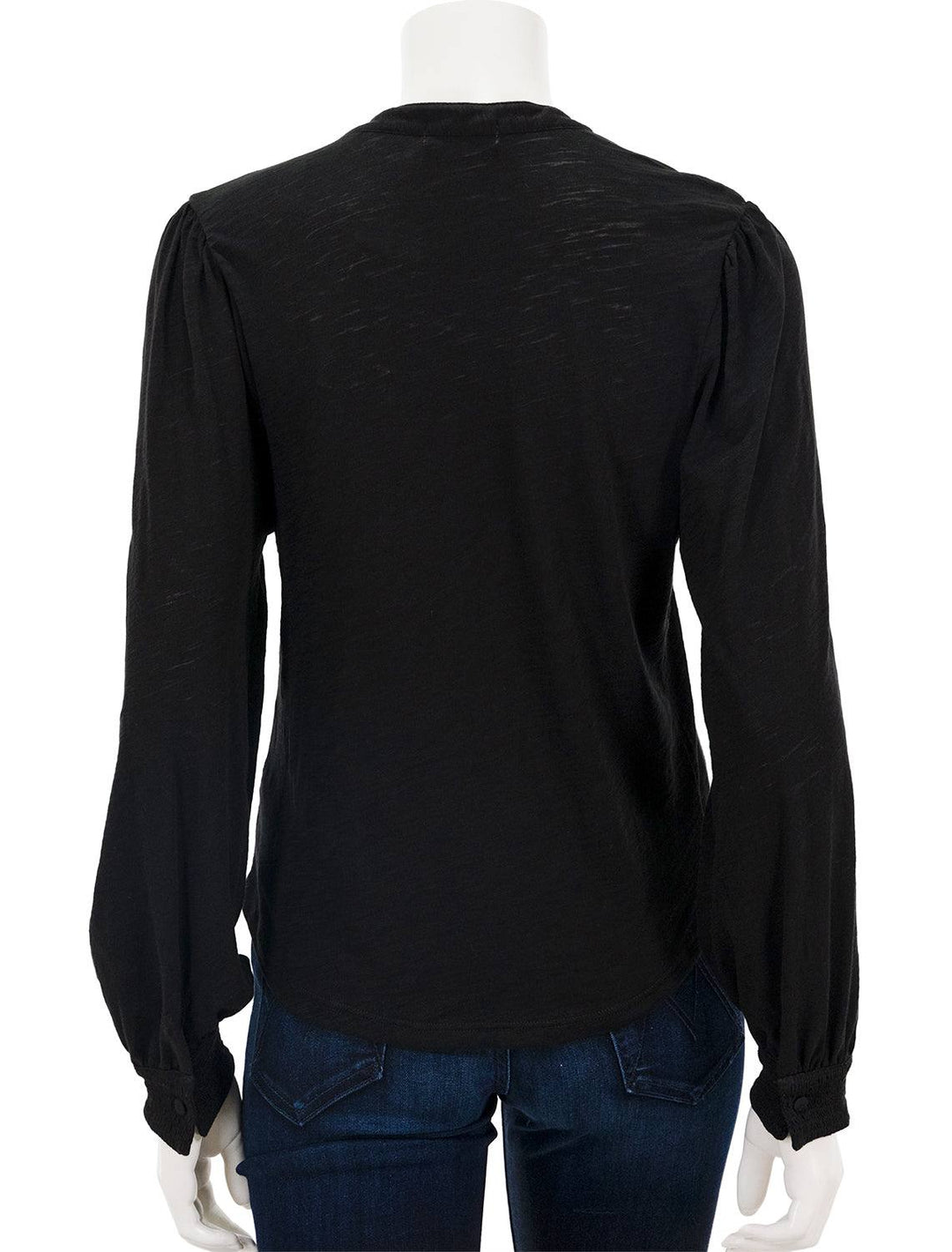 Back view of Goldie Lewinter's peasant blouse with smocking in black.