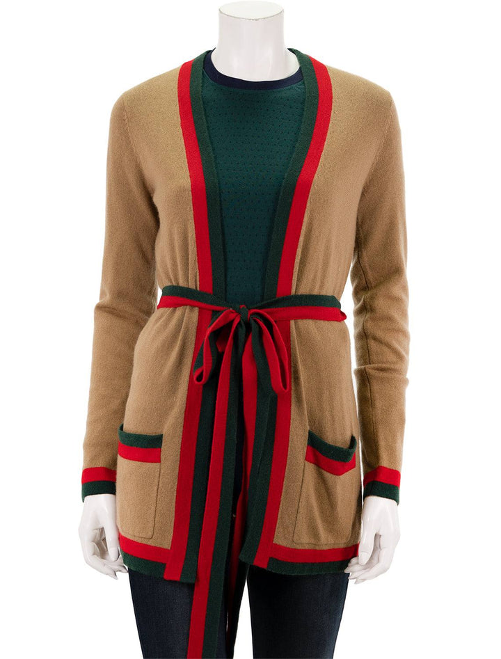 Front view of Madeline Thompson's rowen cardigan in camel stripe.