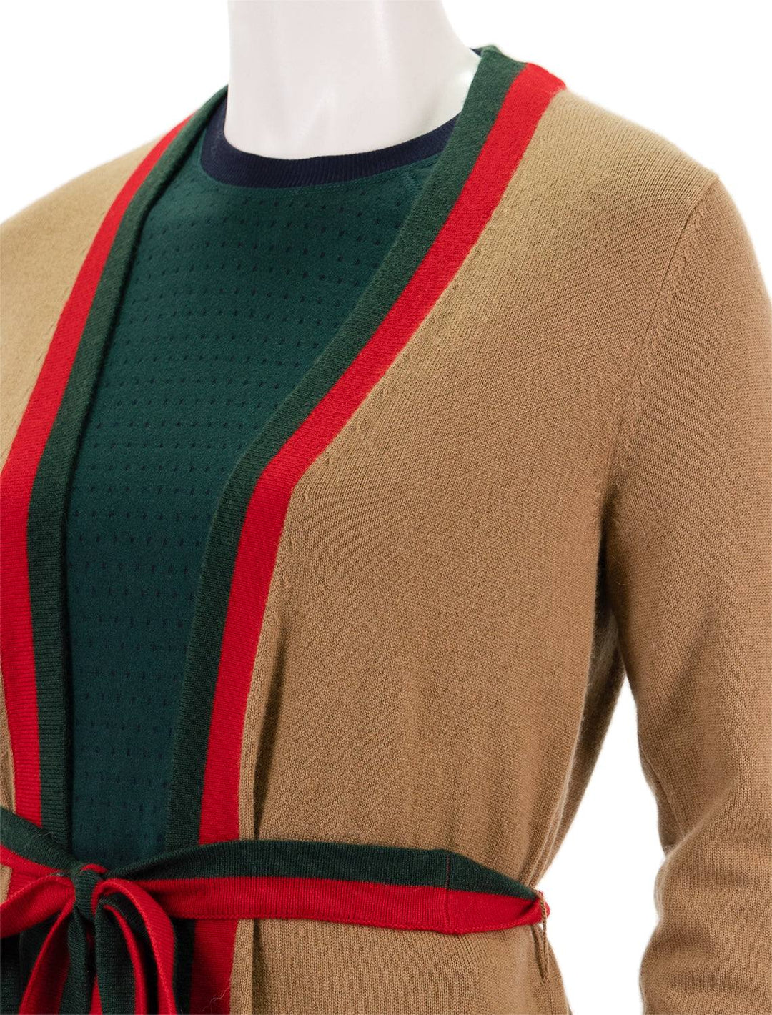 Close-up view of Madeline Thompson's rowen cardigan in camel stripe.