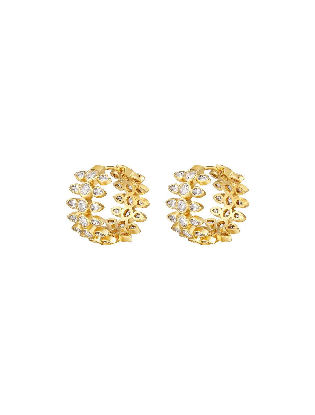 Front angle view of Luv AJ's florette hoops in gold.