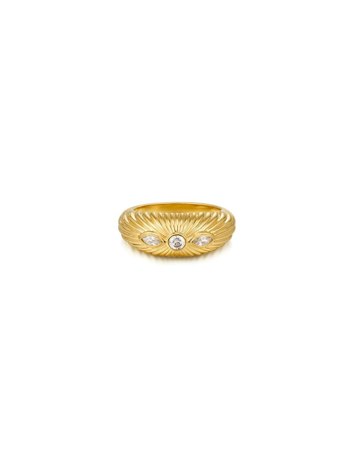Front view of Luv AJ's florette ridged signet ring in gold.