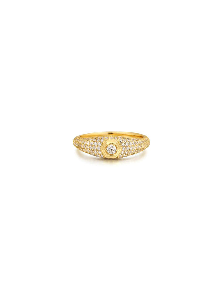 Front view of Luv AJ's pave hex signet ring in gold.