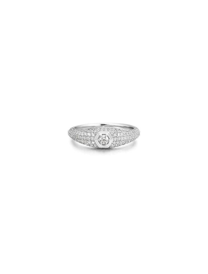 Front view of Luv AJ's pave hex signet ring in silver.