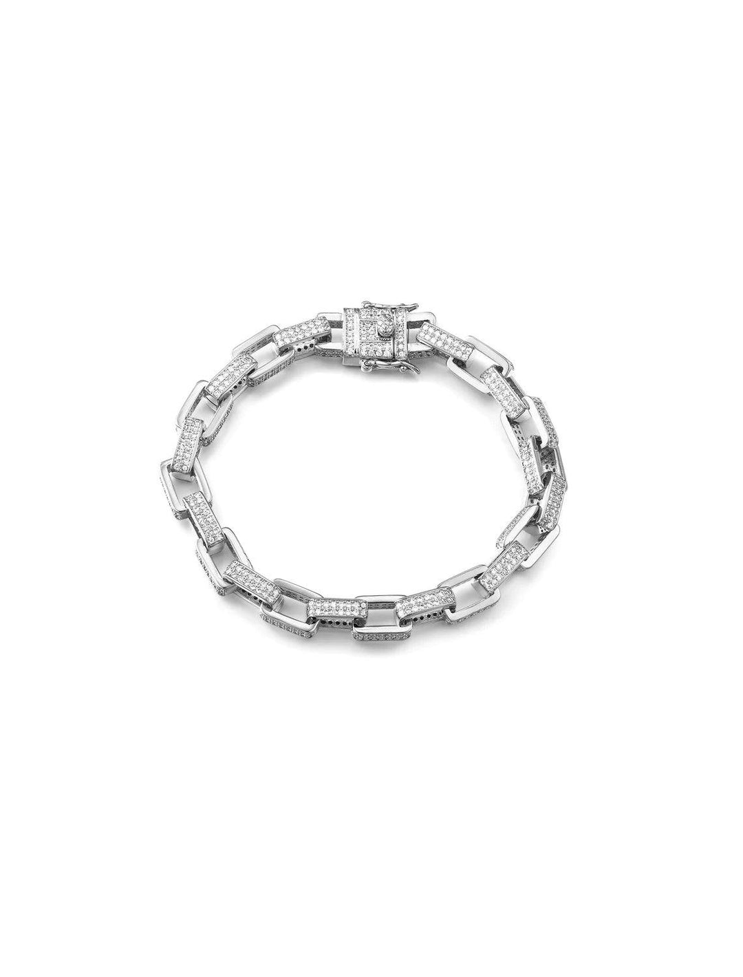 Overhead view of Luv AJ's boxy pave chain bracelet in silver.