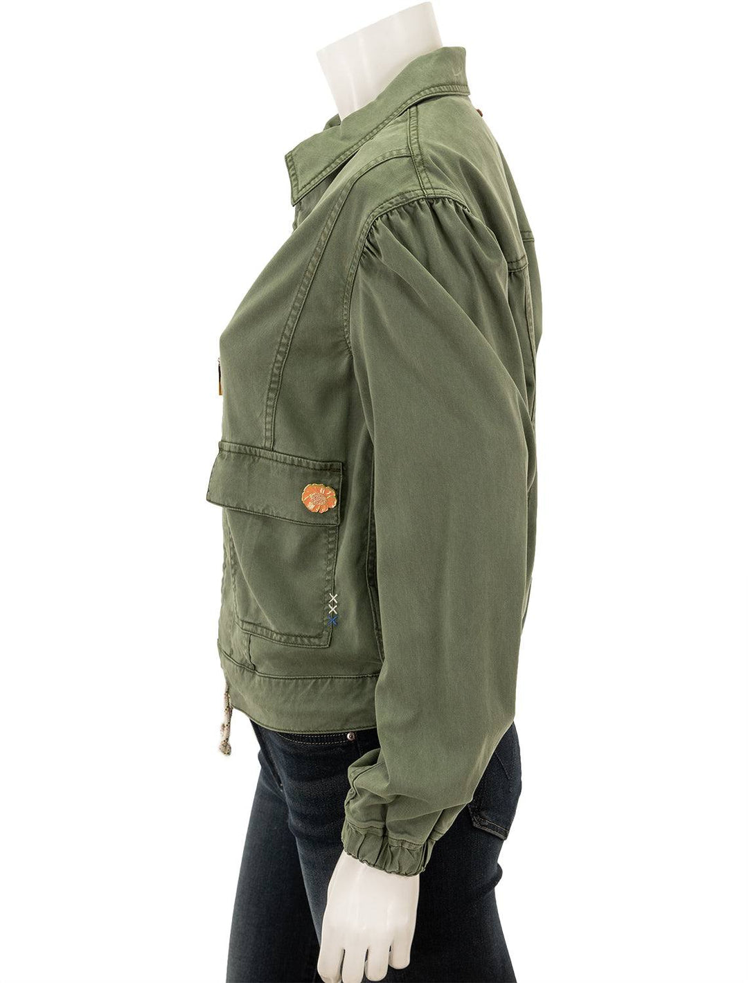 Side view of Scotch & Soda's utility jacket in olive green.