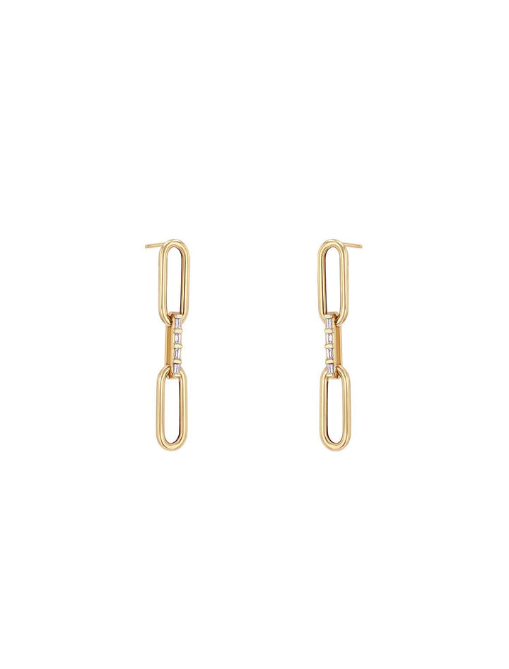 Front view of Zoe Chicco's 14K Three Link Large Paperclip Drops with Baguette Detail in Gold.