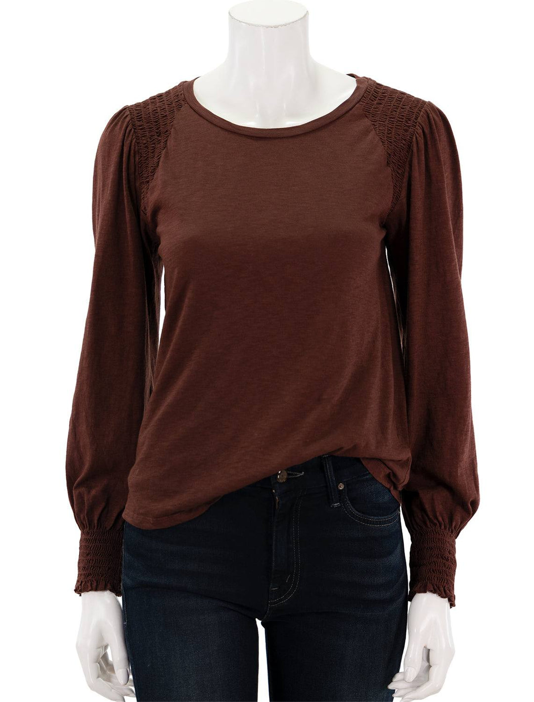 Front view of Sundry's smocked shoulder top in wine.