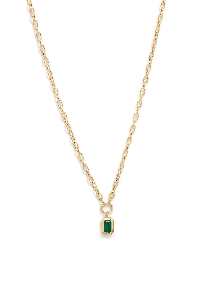 Front view of Zoe Chicco's 14k small link chain with bezel set emerald drop necklace.
