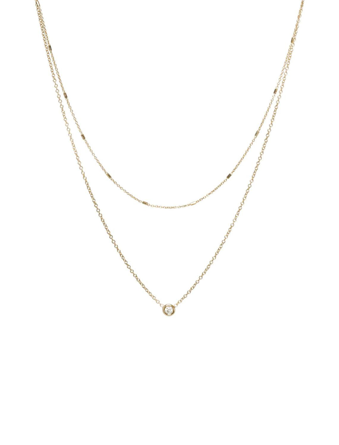 Front view of Zoe Chicco's 14K Tiny Bar Chain and Diamond Pendant Double Chain Necklace in Gold.