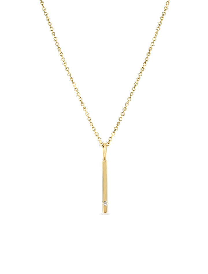 Front view of Zoe Chicco's 14K single diamond vertical bar pendant necklace.