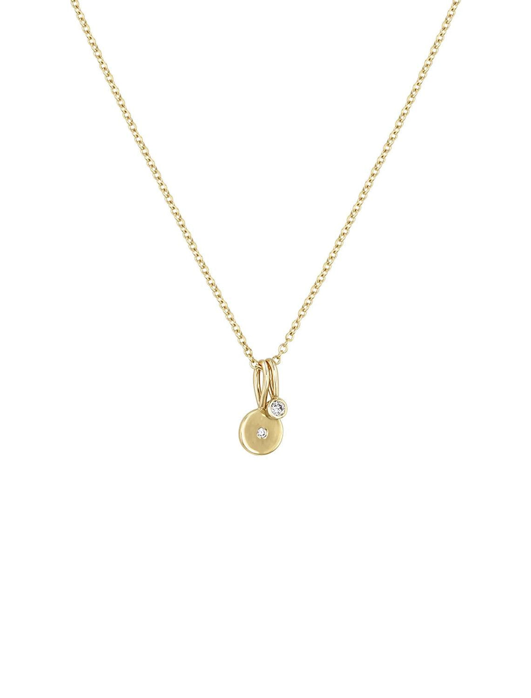 Front view of Zoe Chicco's 14K Diamond and Disc Charm Necklace in Gold.