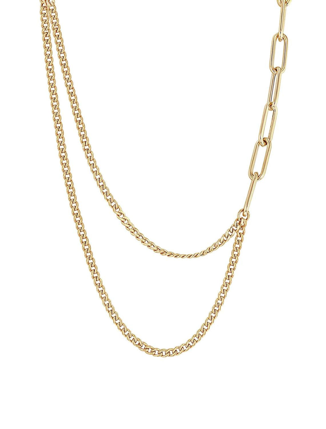 Front view of Zoe Chicco's 14K Asymmetric Layered Curb and Paperclip Chain Necklace in Gold.