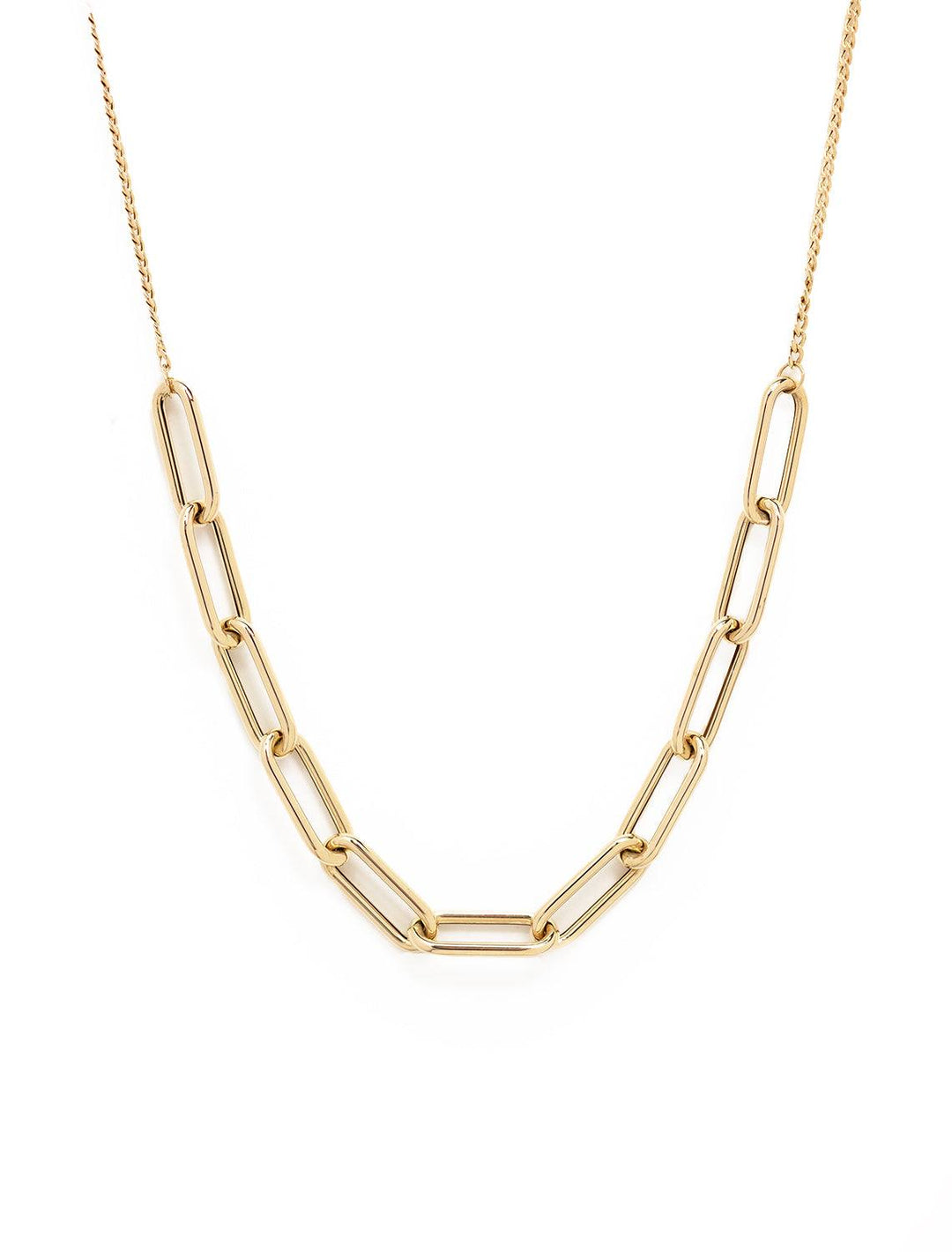 Front view of Zoe Chicco's 14k large paperclip necklace with adjustable curb chain.