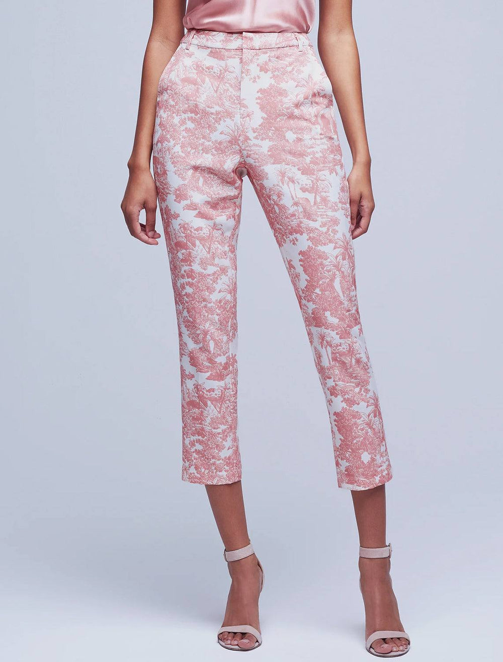 Model wearing L'agence's ludivine trouser in rose multi toile.