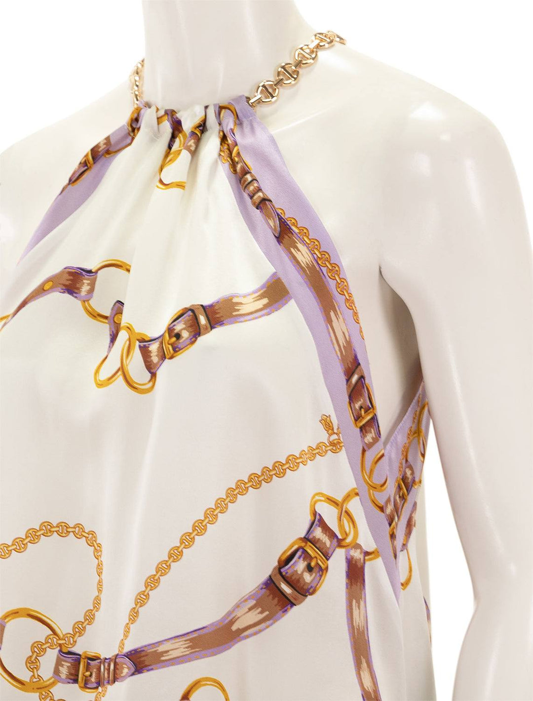 Close-up view of L'agence's tillie chain neck scarf top.
