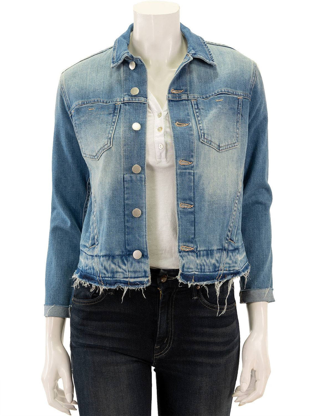 Front view of L'agence's tatiana released hem jacket in basin.