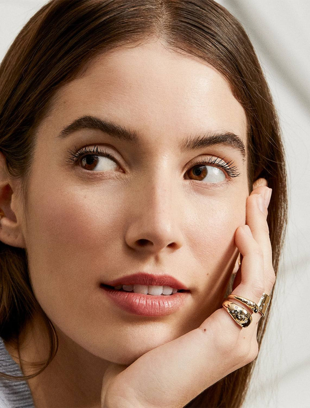 Model wearing Adina Reyter's 14k celestial diamonds small half dome ring.