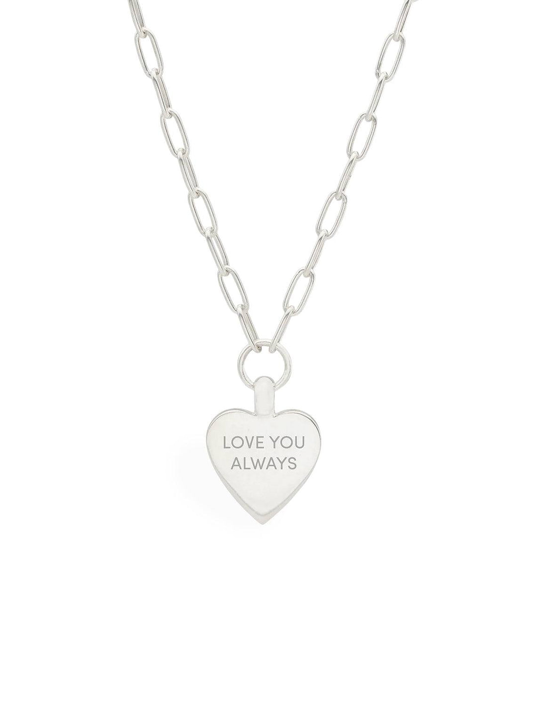 Back view of Anna Beck's Medium Heart Necklace in Silver. Heart is engraved with the phrase "LOVE YOU ALWAYS"