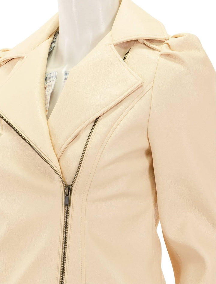 Close-up view of Marie Oliver's maeve moto jacket in sand.