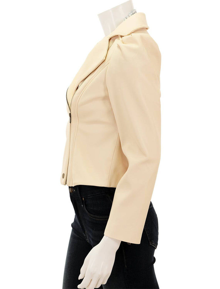 Side view of Marie Oliver's maeve moto jacket in sand.