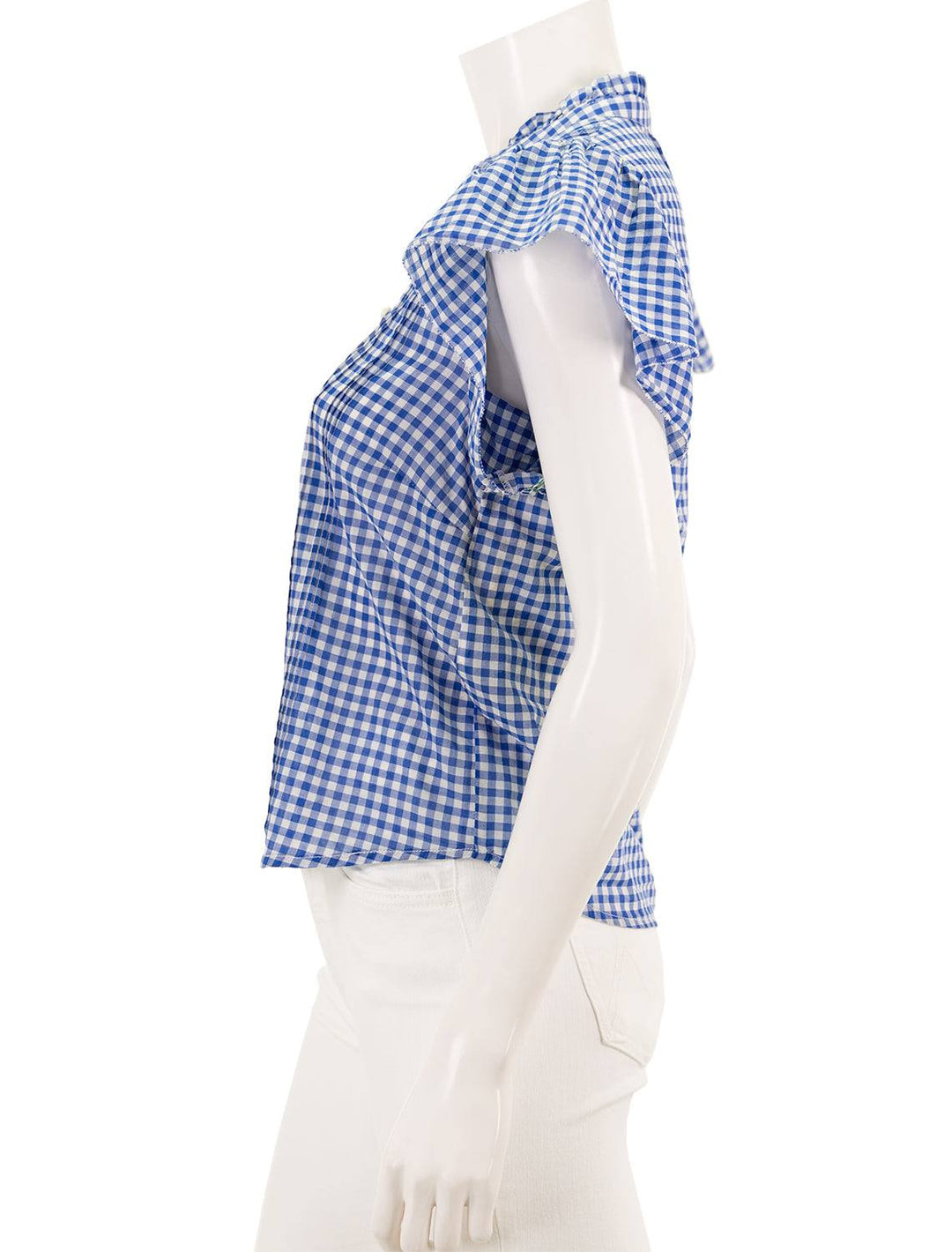 Side view of Birds of Paradis' cate blouse in cobalt check.