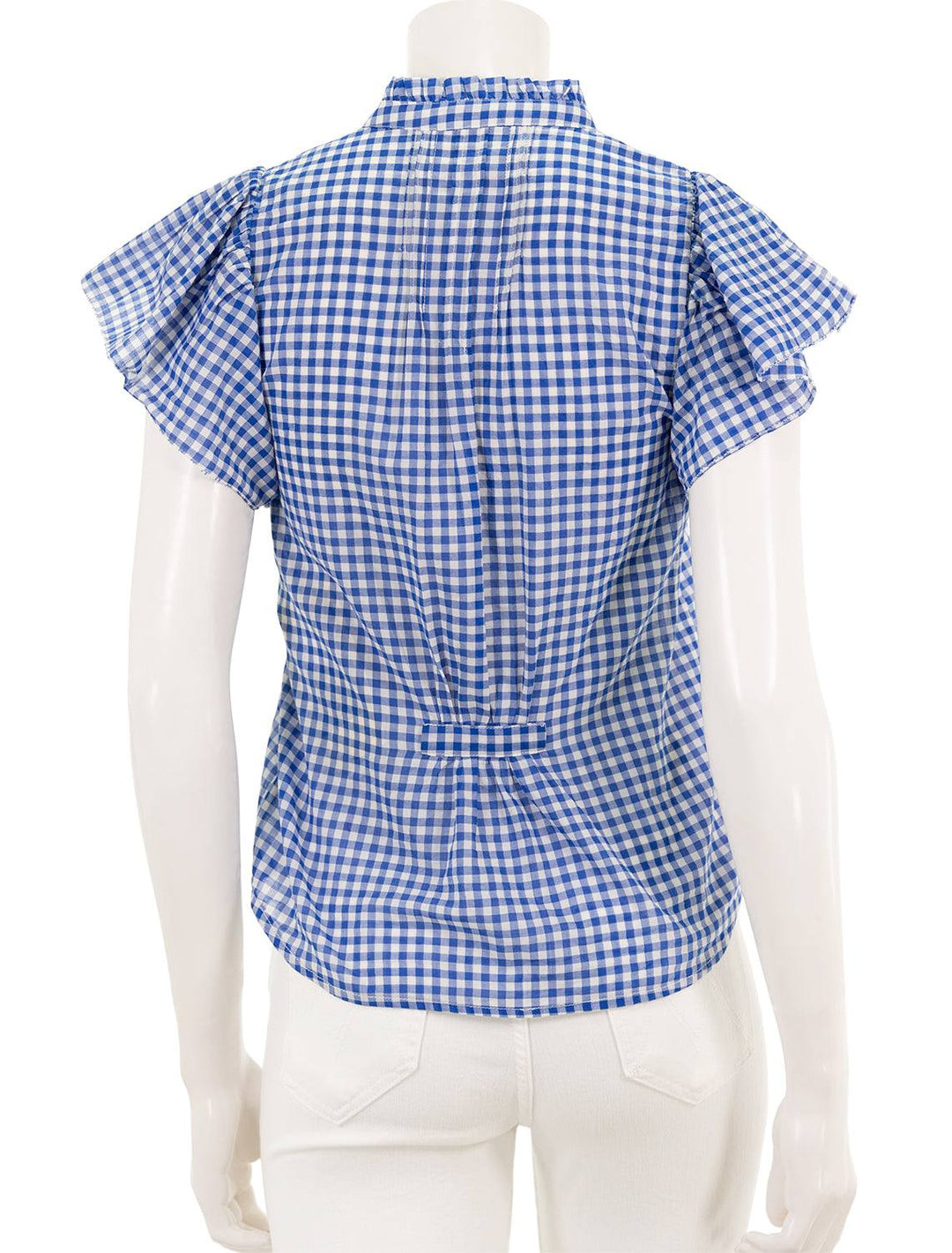 Back view of Birds of Paradis' cate blouse in cobalt check.