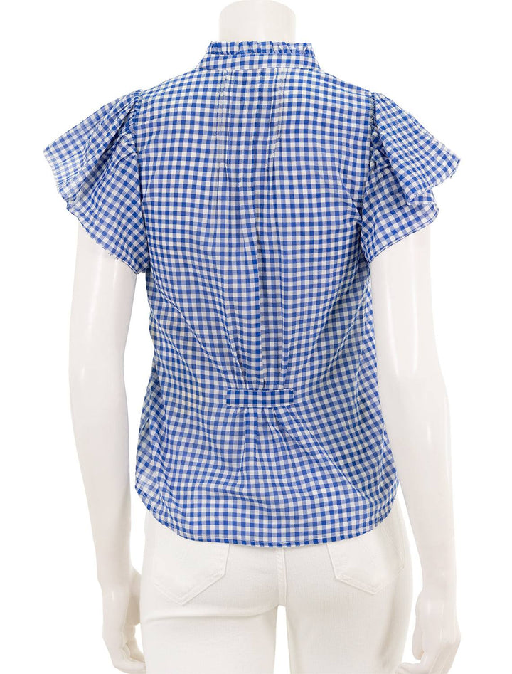 Back view of Birds of Paradis' cate blouse in cobalt check.