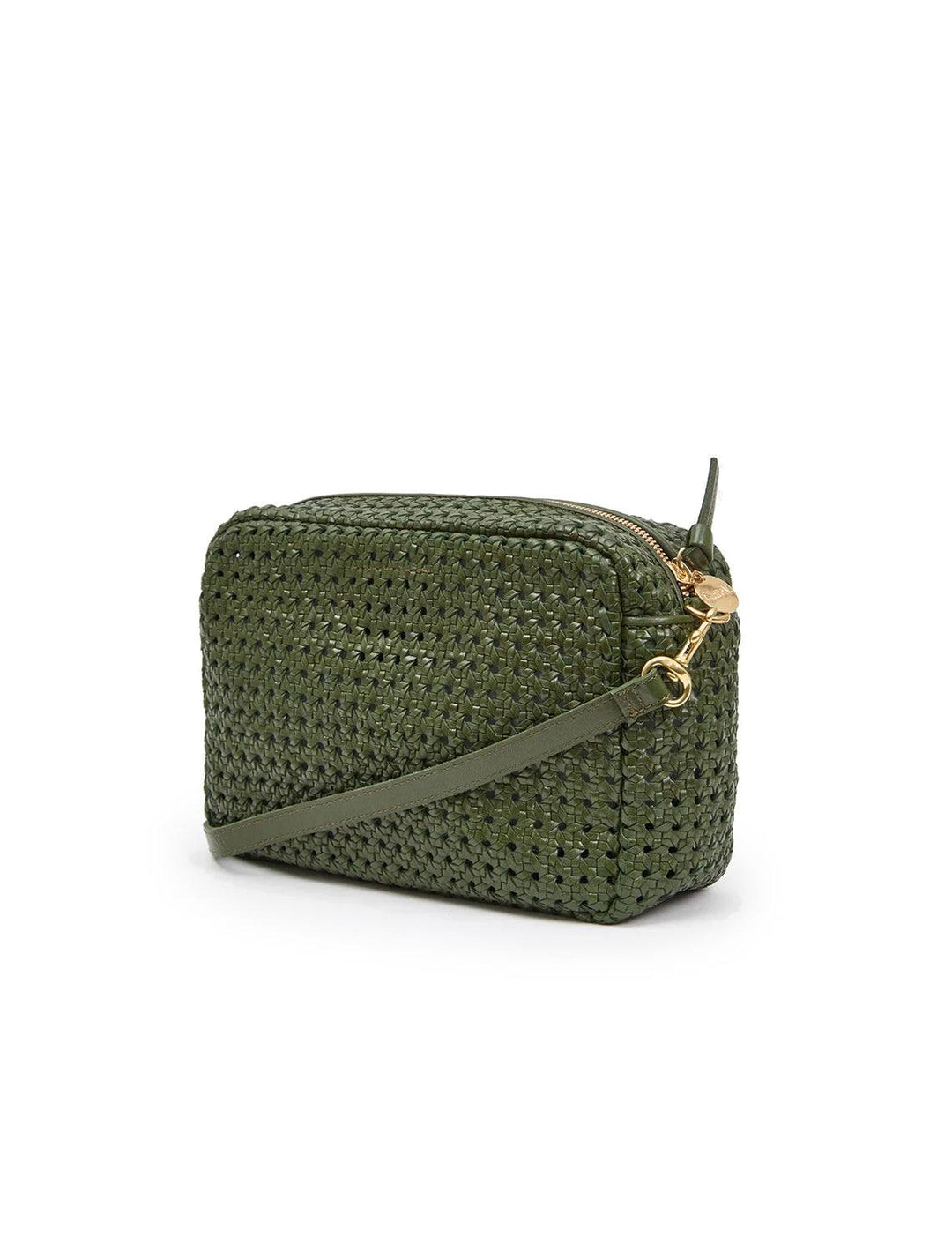 Side angle view of Clare V.'s marisol crossbody bag in army rattan.