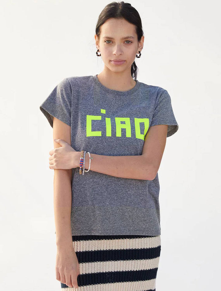 Model wearing Clare V.'s ciao classic tee in grey and neon.
