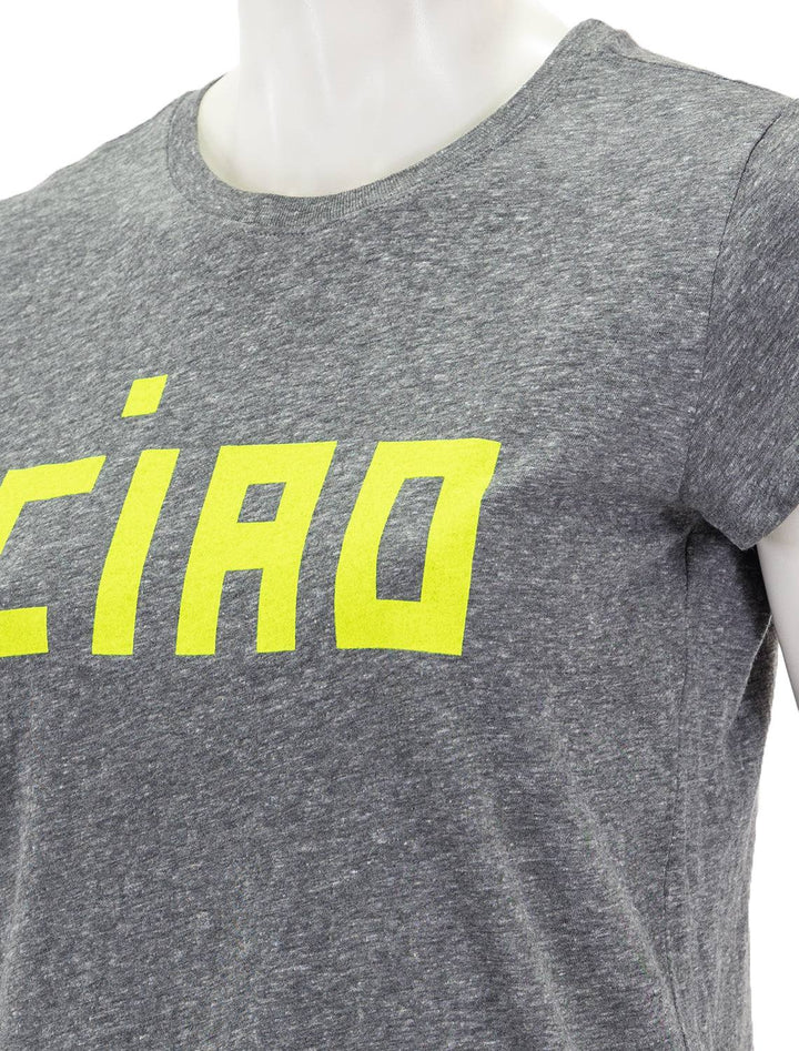 Close-up view of Clare V.'s ciao classic tee in grey and neon.