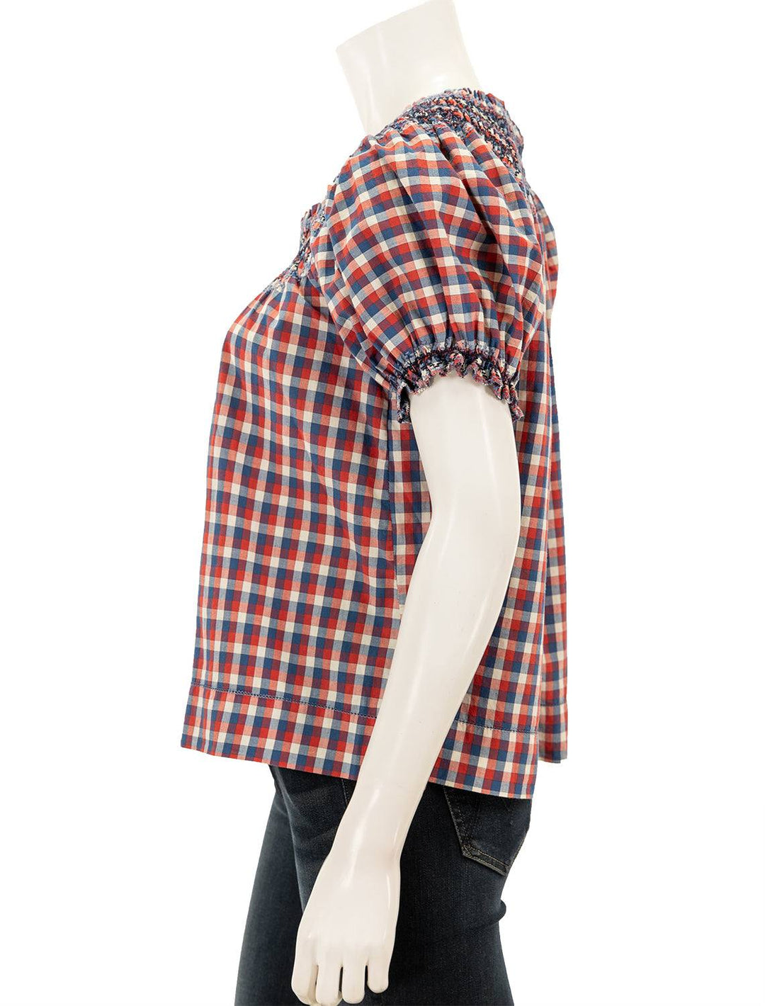 Side view of The Great's the fair top in picnic plaid.