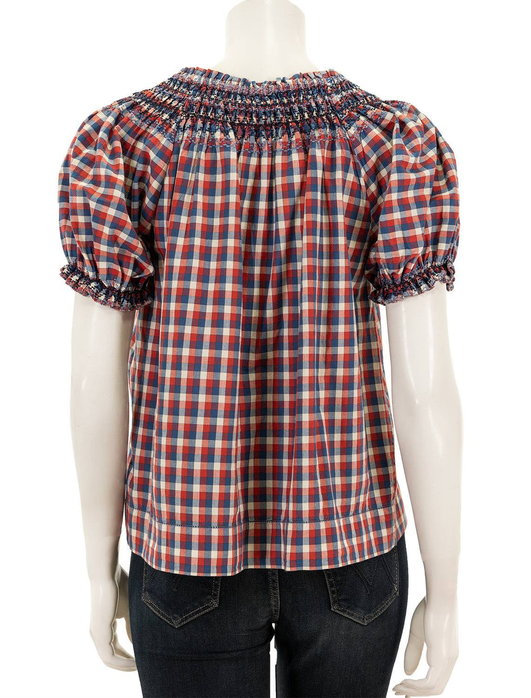 Back view of The Great's the fair top in picnic plaid.
