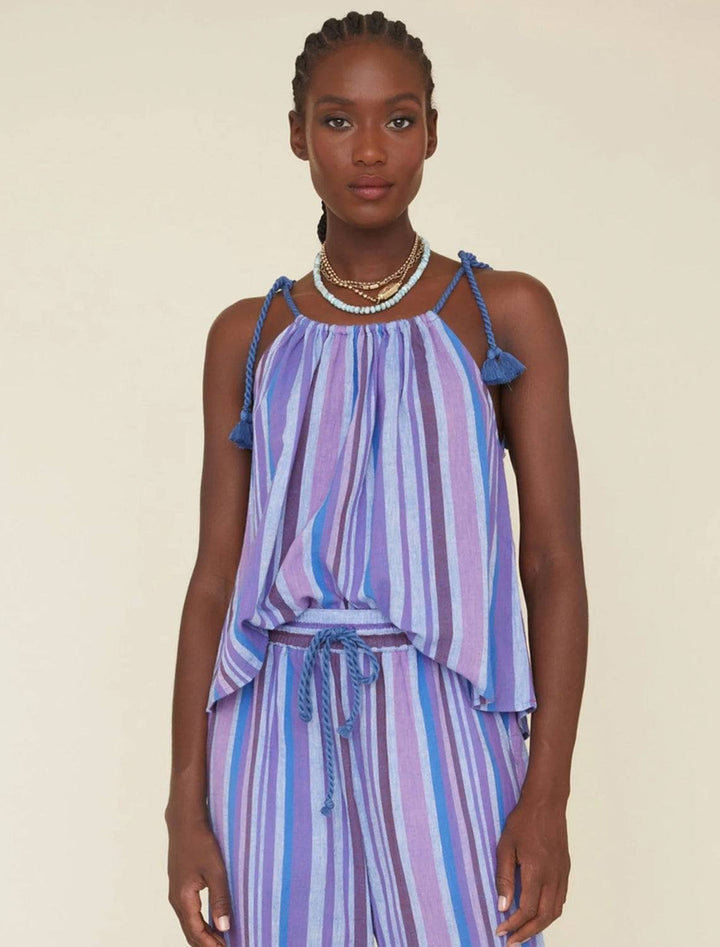 Model wearing Xirena's tula top in ultraviolet.